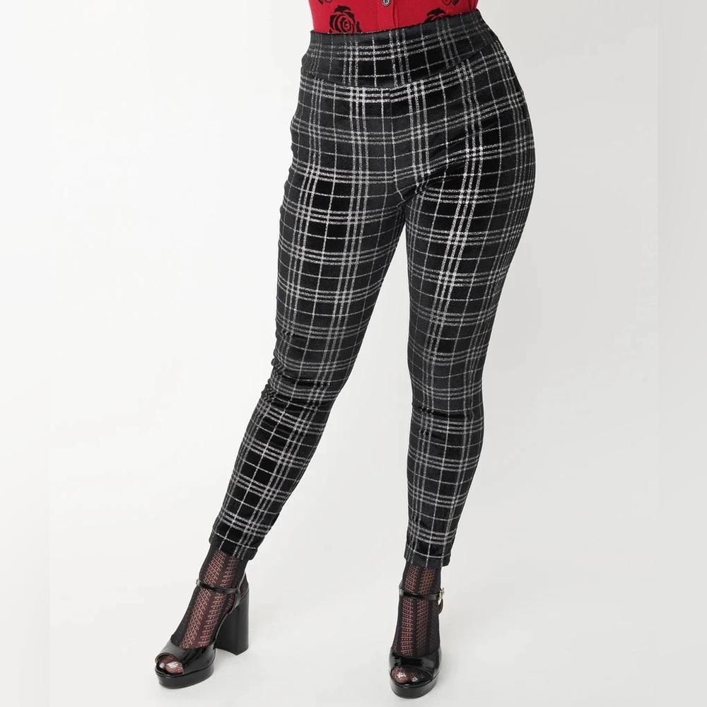 NWT Unique Vintage Black and Silver Plaid Velvet Rizzo Cigarette Pants